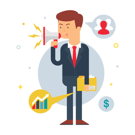 Illustration of a businessman yelling into a megaphone, flat styleのイラスト素材
