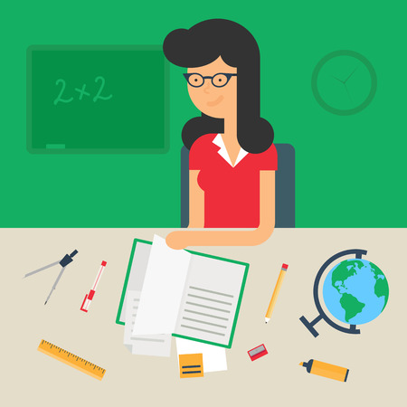 Illustration of a teacher sitting at the table, flat styleのイラスト素材