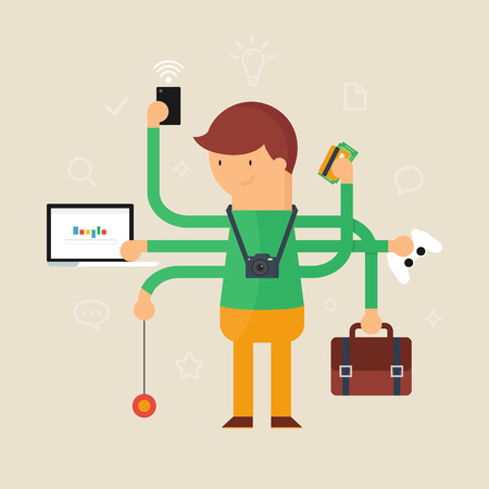 Multitasking man vector illustration, flat styleのイラスト素材