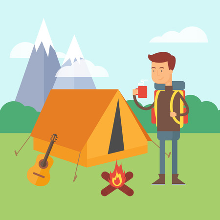Vector illustration of a hiker standing near the tent in a forest, camping conceptのイラスト素材