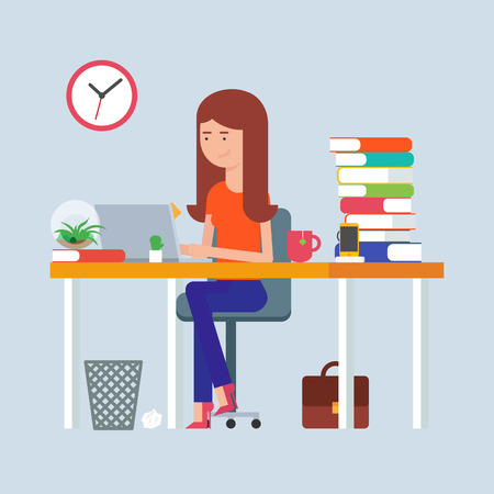 Workday and workplace concept. Vector illustration of a woman in the officeのイラスト素材