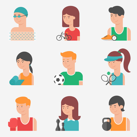 Set of flat style vector sport icons with sportsmen and sports clubsのイラスト素材