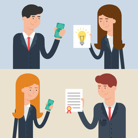 Vector illustration of business deals - investment, patenting, buying and selling ideas, conclusion of a contractのイラスト素材