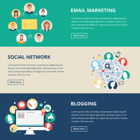 Social networks and internet marketing banners: email marketing, social network, blogging. Vector illustration, flat styleのイラスト素材
