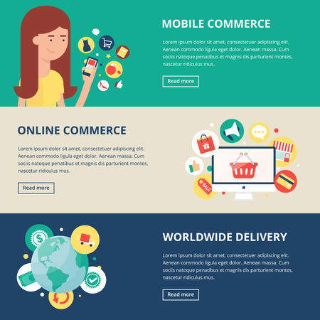 Shopping and internet commerce banners: mobile commerce, online commerce, worldwide delivery. Vector illustration, flat styleのイラスト素材