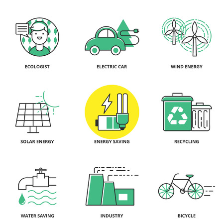 Ecology vector icons set: ecologist, electric car, wind energy, solar energy, energy saving, recycling, water saving, industry, bicycle. Modern line styleのイラスト素材