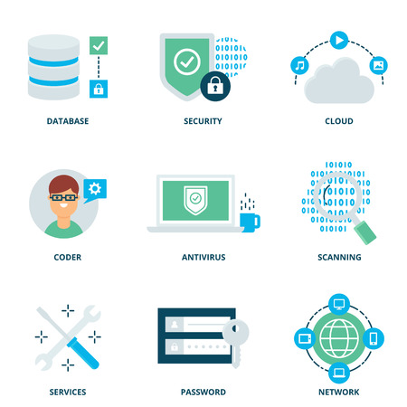 Computer network and security vector icons set modern flat styleのイラスト素材