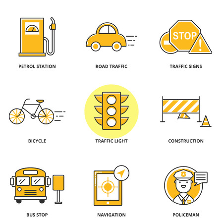Road traffic vector icons set: petrol station, traffic signs, bicycle, traffic light, construction, bus stop, navigation, policeman. Modern line styleのイラスト素材