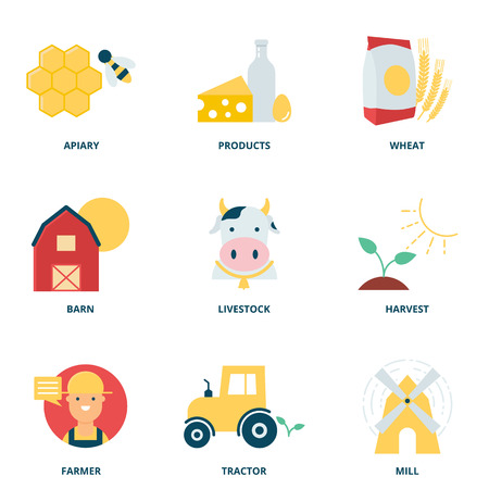 Rural industry vector icons set, flat styleのイラスト素材