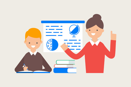 Vector illustration of teacher teaching student in a classroomのイラスト素材