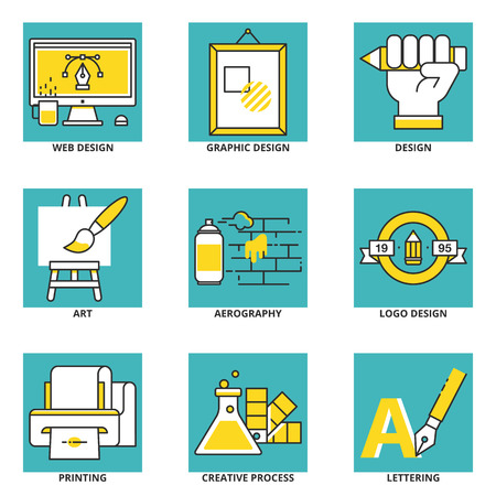 Design and creativity icons set: web design, graphic design, art, aerography, design, printing, creative process, lettering. Modern line styleのイラスト素材