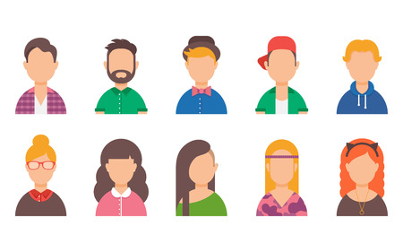 Set of avatars. Male and female characters. People's faces, man, woman, girl, boy, user, person. Fashion and style. Modern vector illustration flat styleのイラスト素材