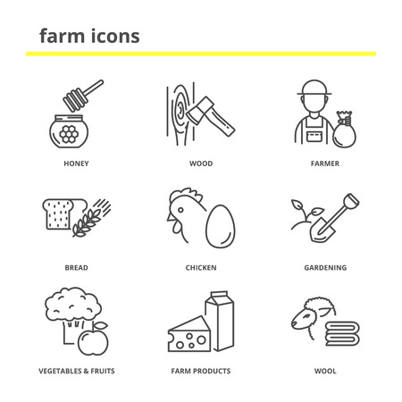 Farm vector icons set: honey, wood, farmer, bread, chicken, gardening, vegetables, fruits, farm products, wool. Line styleのイラスト素材