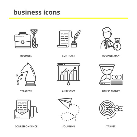 Business and office vector icons set: contract, businessman, strategy, analytics, money, finance, correspondence, solution, target. Line styleのイラスト素材