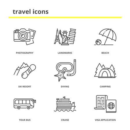 Travel and vacation icons set: photography tour, landmarks, beach, ski resort, diving, camping, tour bus, cruise, application. Modern line styleのイラスト素材