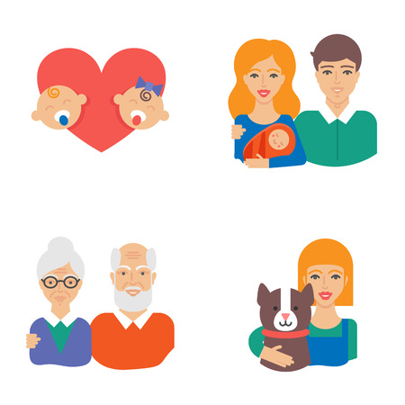 Family illustration. Young family, old couple, childrenのイラスト素材