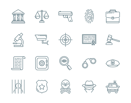 Crime and law vector icons set modern line styleのイラスト素材