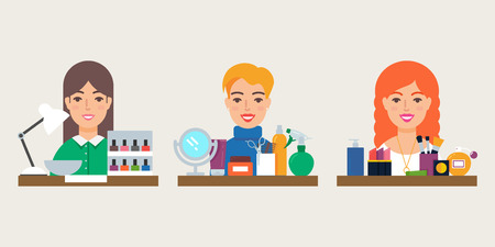 Beauty vector set: manicure, hairdressing, make-up. Flat styleのイラスト素材