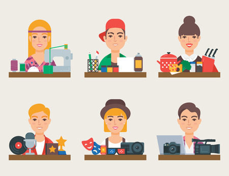 Hobbies vector set: sewing, art, cooking, music, cinema, photographyのイラスト素材