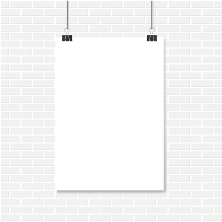White brick wall and vertical realistic poster mockup A4 on a ropeのイラスト素材