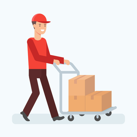 Vector illustration of man transporting boxes, cargo transportation conceptのイラスト素材
