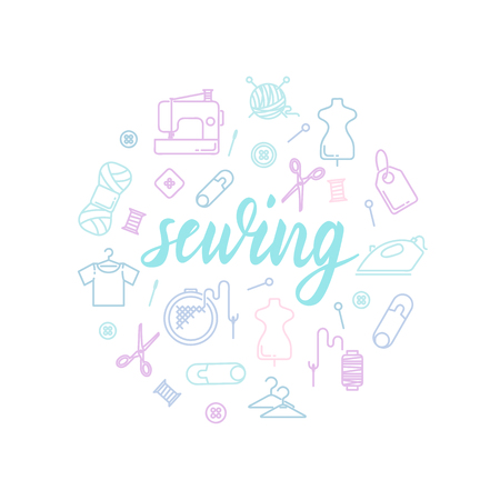 Sewing lettering with icons. Calligraphy font, abstract illustrationのイラスト素材