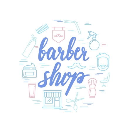 Barber shop lettering with icons. Calligraphy fontのイラスト素材