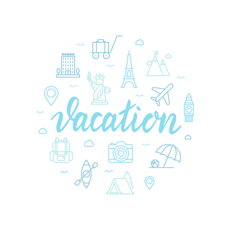 Vacation lettering with icons. Calligraphy font, abstract illustrationのイラスト素材
