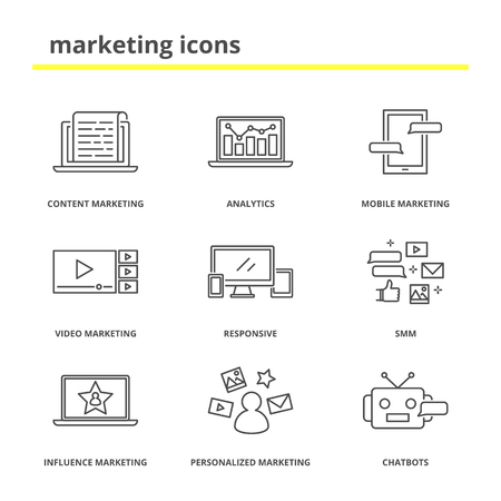 Marketing icons set: content, mobile, video, influence and personalized marketing, analytics, responsive, SMM, chatbots.のイラスト素材