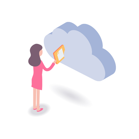 Isometric illustration of woman put in document from cloud storageのイラスト素材