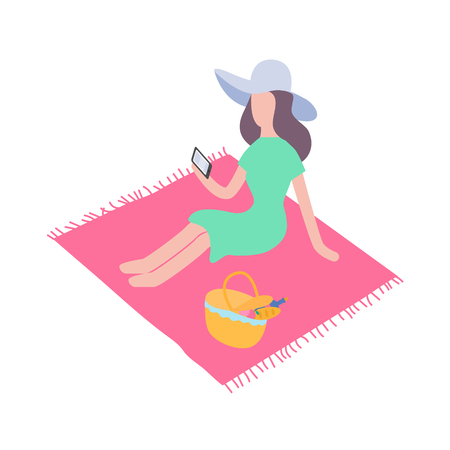 Vector illustration of woman with smartphone on picnicのイラスト素材