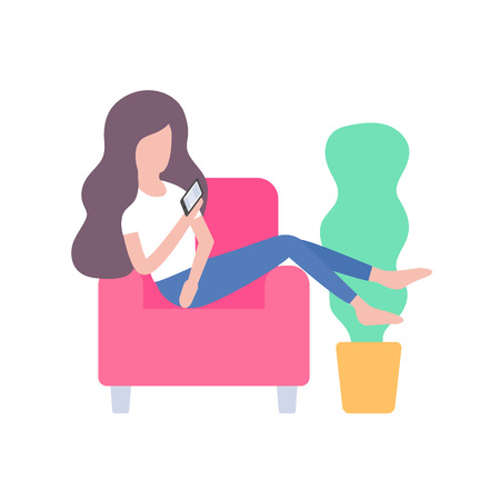 Vector illustration of woman using smartphone in armchairのイラスト素材