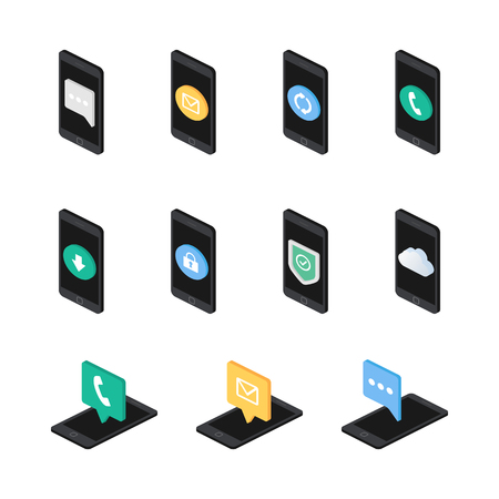 Set of isometric smartphones with iconsのイラスト素材