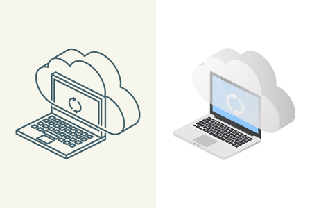 Laptop with cloud isometric linear and flat icons.のイラスト素材