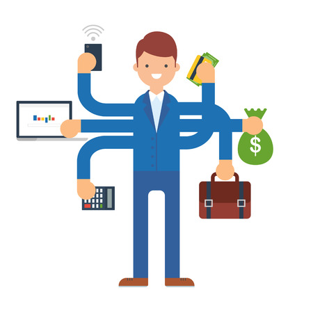 Multitasking businessman vector illustration, flat styleのイラスト素材