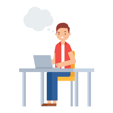 Vector illustration of confused man sitting at the table with a laptopのイラスト素材