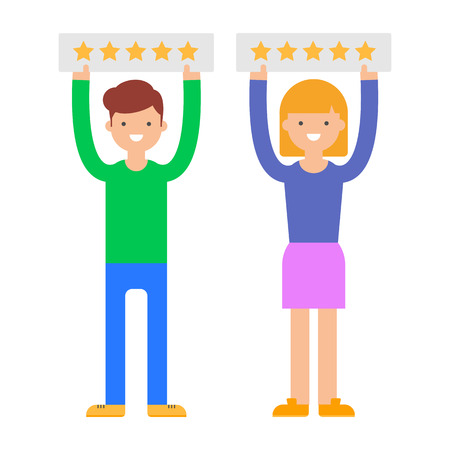 Vector illustration of man and woman giving five star rating, user reviewsのイラスト素材