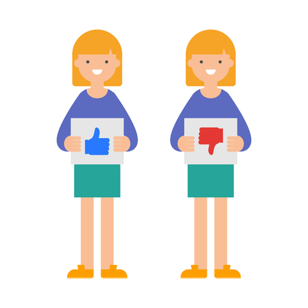 Vector illustration of women with thumb up and thumb down signs, user reviewsのイラスト素材
