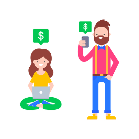 Vector illustration of a woman with laptop and a man with smartphone, with money sign above gadgets.のイラスト素材