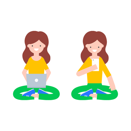Vector illustration of a woman with laptop and a woman with smartphone.のイラスト素材