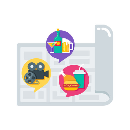 Vector illustration of a map with pointers: bar, cinema, food.のイラスト素材