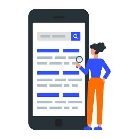 Vector illustration of a woman searching information on the internet.のイラスト素材