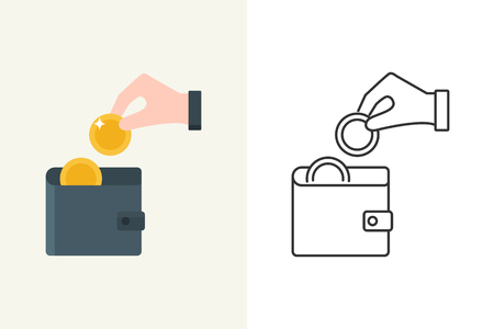 Vector illustration of a hand putting a coin into the wallet flat and line style iconのイラスト素材