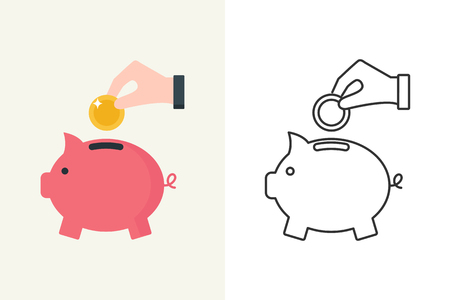 Vector illustration of a hand putting a coin into the piggy bank flat and line style iconのイラスト素材