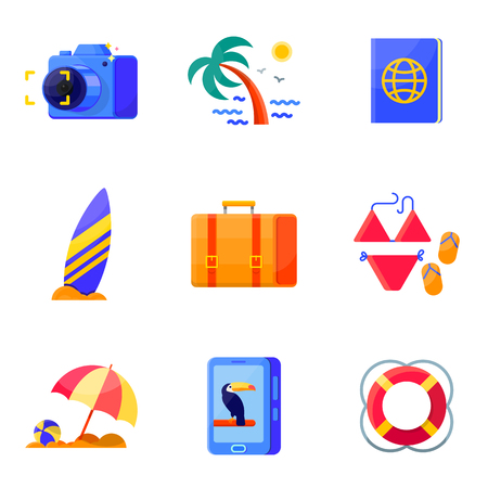 Travel and vacation, summer holidays icons set flat styleのイラスト素材