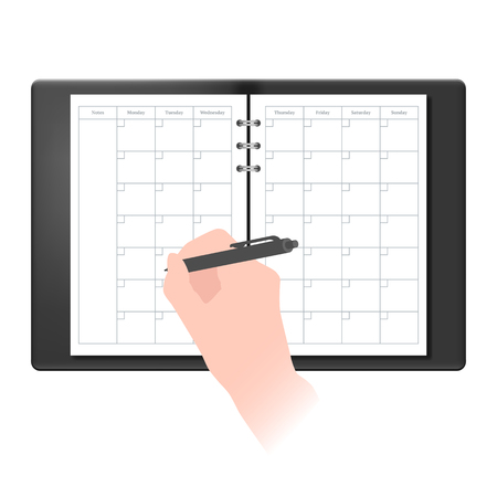 Vector illustration of a hand with a pen writing on a weekly plannerの写真素材