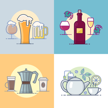 Drinks: beer, wine, coffee, tea. Vector illustrationsのイラスト素材