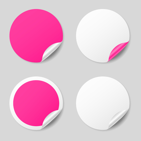 Blank pink round stickers with curled corners, realistic mockupのイラスト素材