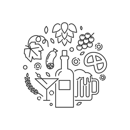 Alcohol drinks and snacks illustration outline styleのイラスト素材
