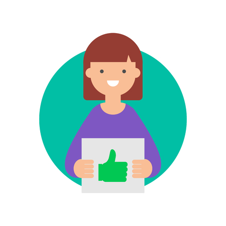 Girl holding cardboard plate with thumb up sign vector illustrationのイラスト素材
